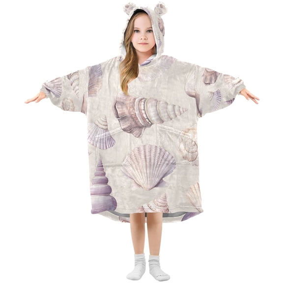 FORMRS Wearable Blanket Hoodie with Sleeves for Kids Cozy Flannel Sweatshirt, Purple Watercolor Seashells