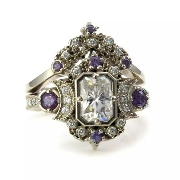 Dazzlingdaimonds Jewels 2.30 Ctw Emerald Cut White Diamond & Amethyst Wedding Anniversary Engagement Bridal Set Ring 14K White Gold Plated 925 Sterling Silver 925 Sterling Silver -5