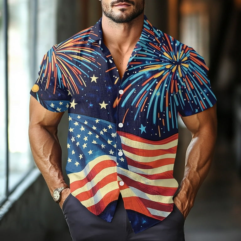 Zhensanguo Mens Patriotic Shirts Button 4th Of July Short Sleeve