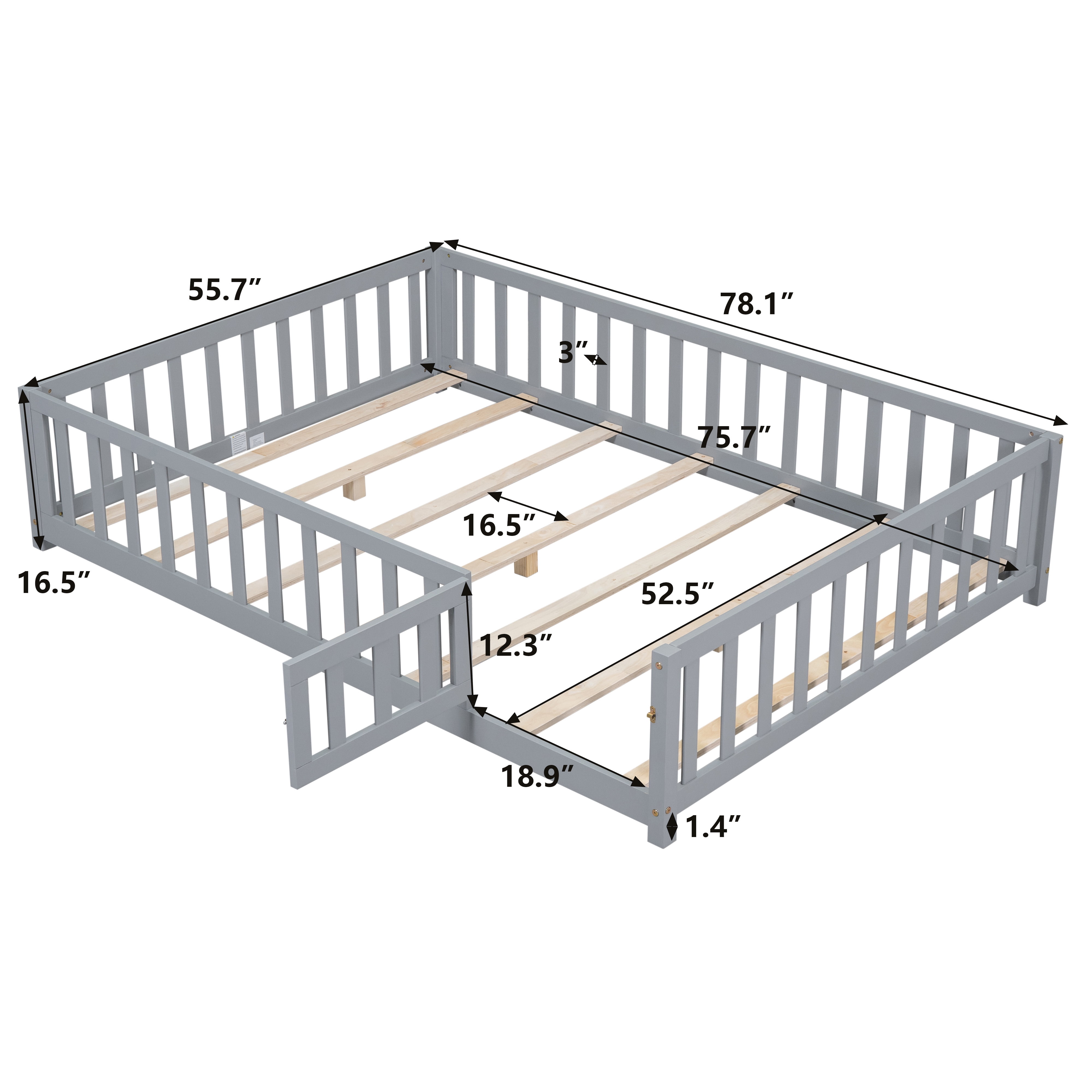 Full Size Floor Platform Bed with Fence and Door for Kids, Montessori Floor Bed Frame with Support Slats for Toddlers, Wooden Floor Bed
