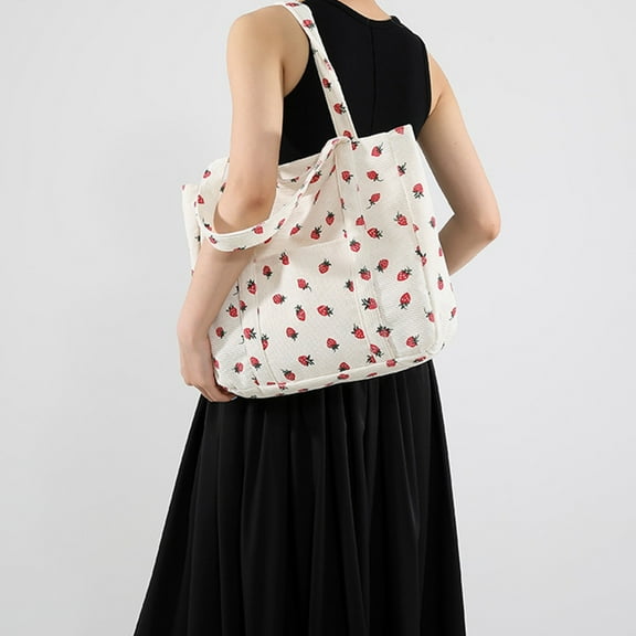 Taicans Large Capacity Corduroy Tote Bags for Women with Pocket,Strawberry Grocery Shoulder Bag,Fashion Corduroy Tote Bag Cow Print Bag Purses for Women Teen-White