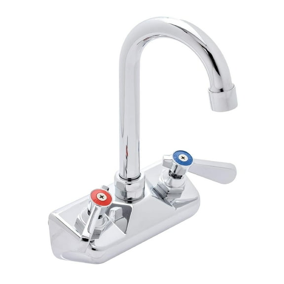 Kitchen Sink Faucet Wall Mount - DuraSteel 4" Center Commercial Kitchen Sink Faucet with 3-1/2" Gooseneck Spout - Dual Lever Handles - Brass Constructed & Chrome Polished