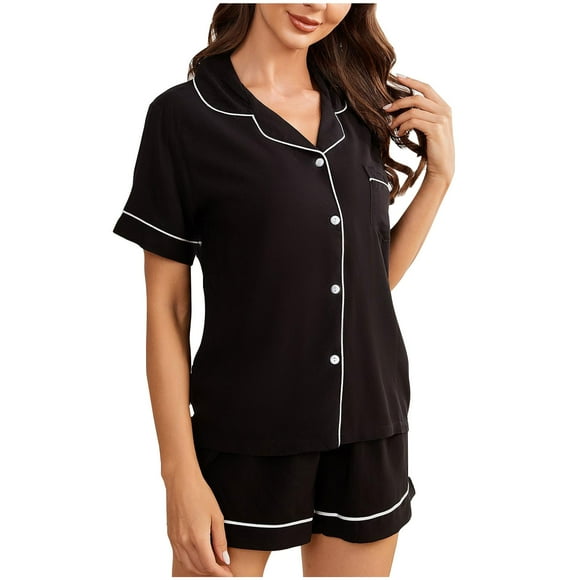 2 Piece Summer Sets for Women Short Sleeve V-Neck Blouses & Shirts Sets Women's Solid Color Casual Comfortable Home Pajamas Short Sleeve Shorts Set Casual Sets for Women 2 Piece Black xl