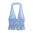 thumbnail image 3 of HH TRAF Top sexy de cuello halter decorado con botones a rayas azules para mujer, elegante, sin mangas, con volantes y espalda descubierta, 3 of 5