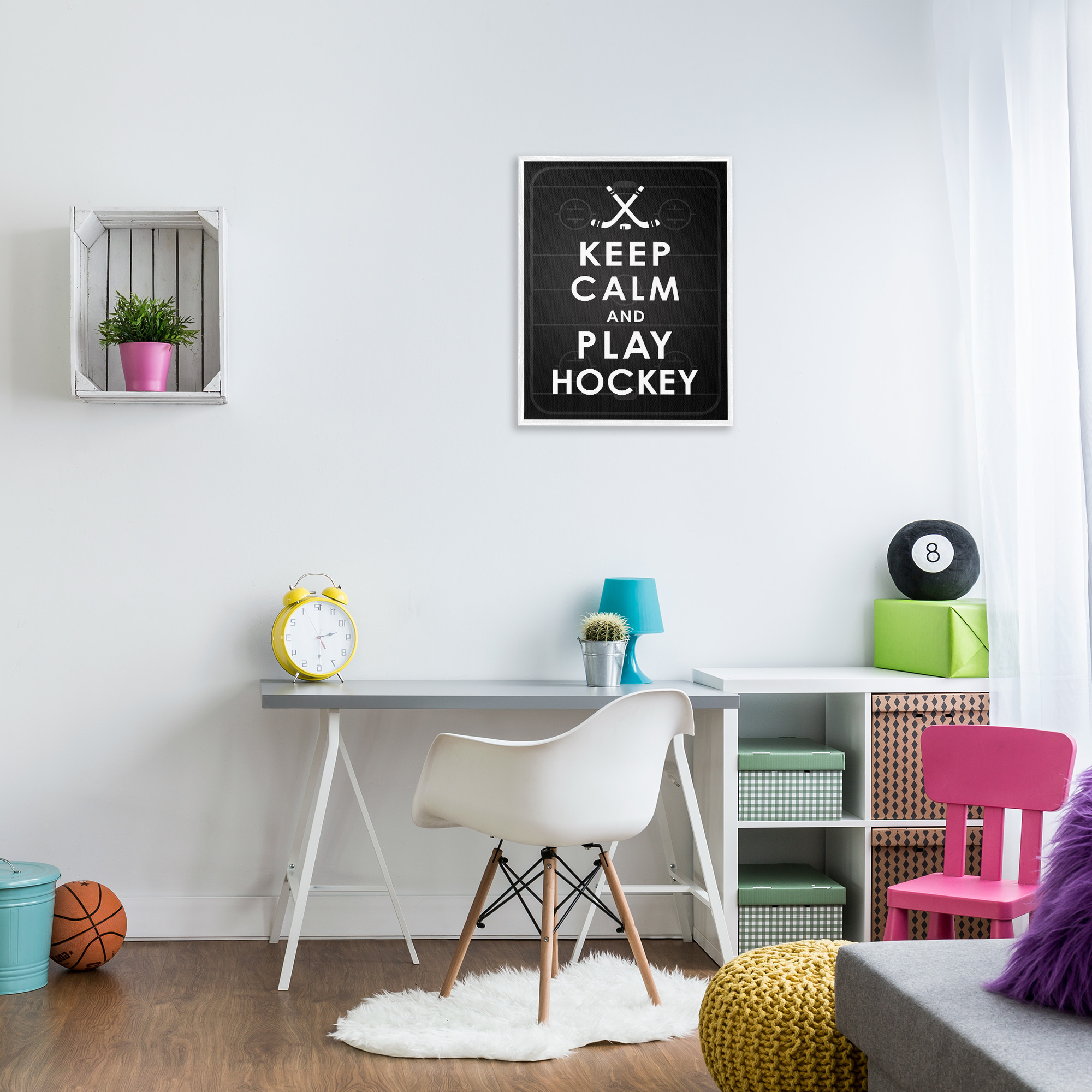 Stupell Industries Keep Calm & Play Hockey Sports Painting White Framed Art Print Wall Art, 24 x 30