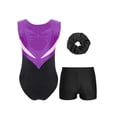 thumbnail image 4 of Haitryli Gymnastics Leotard for Girls Shiny Rhinestones Ballet Dance Unitard with Shorts Hair Band Set Purple&Black 10, 4 of 7