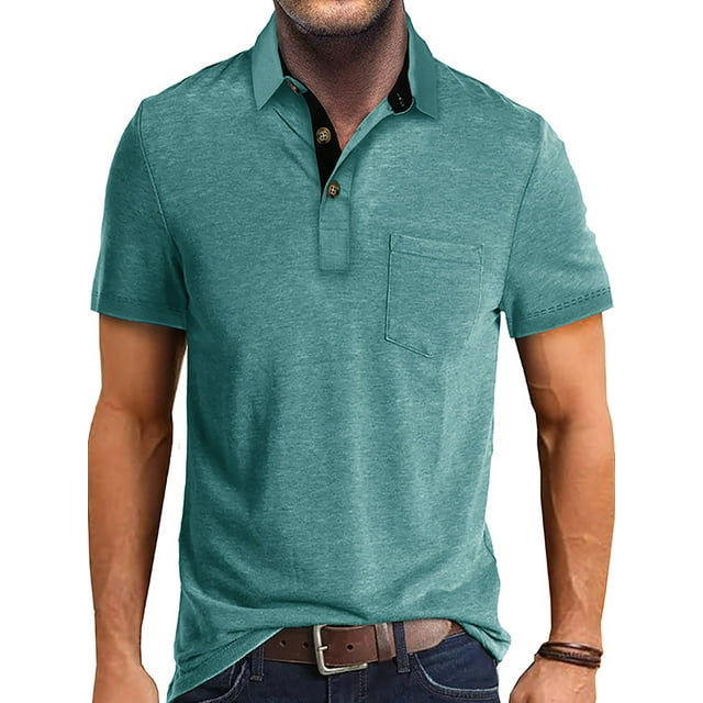 MAWCLOS T-Shirts pour Hommes Polo à Boutons Col à Revers Hauts d'Été Décontractés Plage Manches Courtes Blouse Vert Lac 2TG