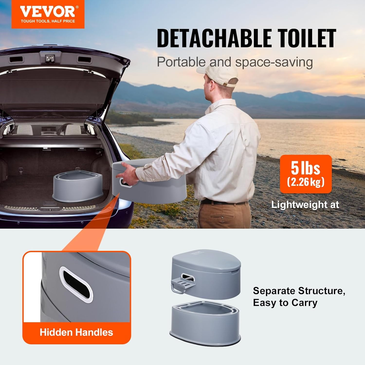 RV Toilet for Camping, Portable Toilet with 1.3 Gal Detachable Inner Bucket & Removable Paper Holder, Commode with Dual Lids, Travel Toilet for Outdoor Camping Car Long Road Trips