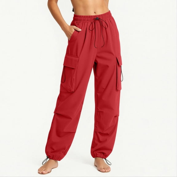 Karymi Women's Clothing High Waist Drawstring Cargo Parachute Pants, Solid Loose Fit Joggers , Casual Harem Trousers with Multiple Pockets Running Shorts for Women