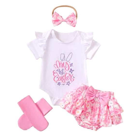 lnmuld Two-Piece Easter Baby Girls Floral Embroidered Romper Dress Set with Bow Socks Summer Outfit Size:3-6 Months