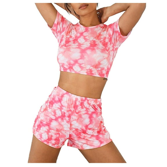 Tejiojio Casual Women's Shorts Clearance Lady's Ladies Print Short Sleeve O-Collar Pullover Leisure Tops   Shorts Set