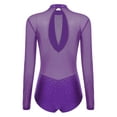 thumbnail image 4 of TiaoBug Women's Gymnastics Leotard Ballet Dance Top Long Sleeve Rhinestones Mesh Figure Ice Skating Bodysuit Purple XL, 4 of 5