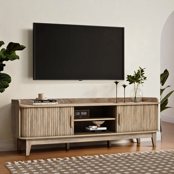 LuxenHome Mid-Century Modern Tambour-Style 2-Door 63-Inch Wide TV Stand with Tray Top, Oak