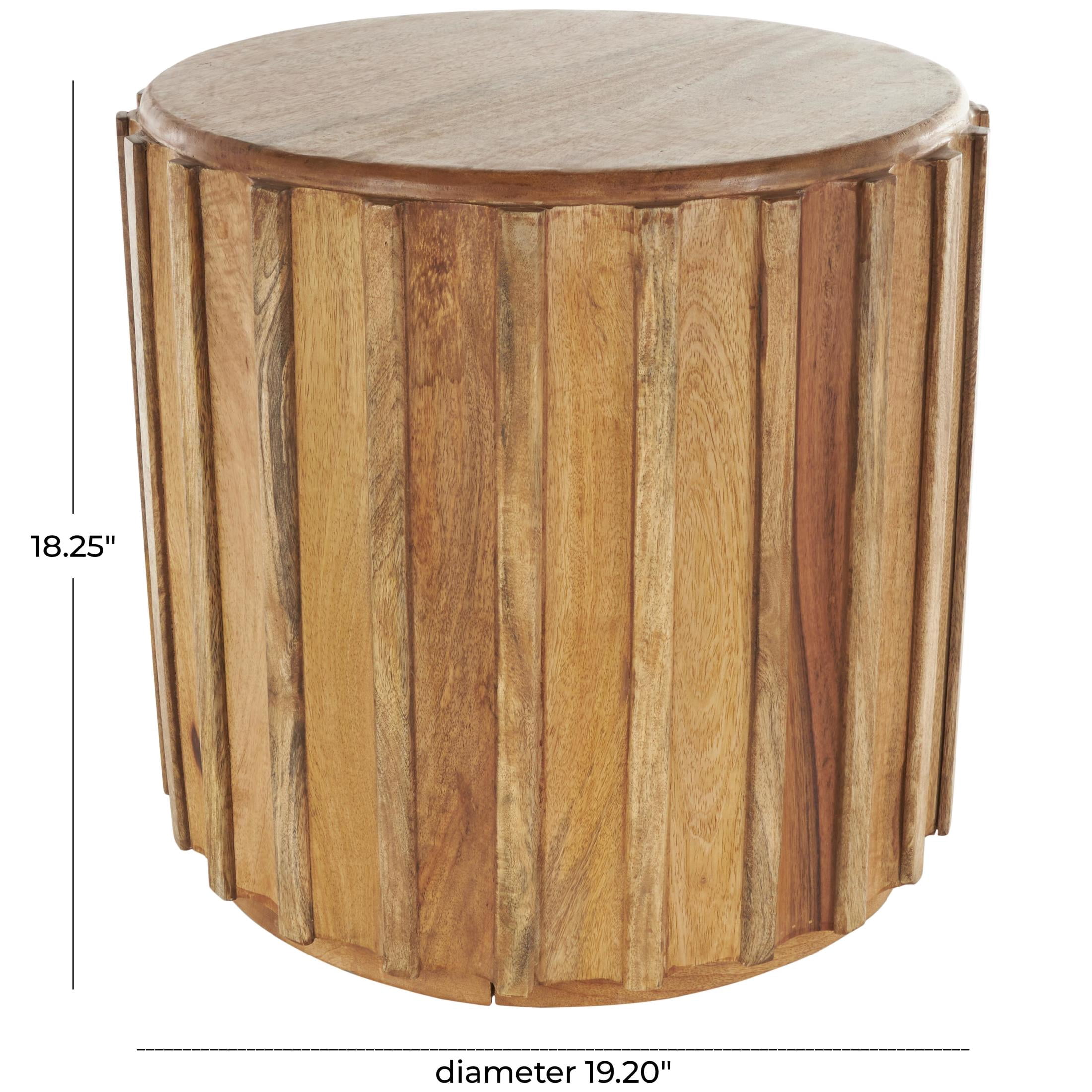 DecMode 19" x 18" Brown Mango Wood Handmade Concaved Curve Drum Accent Table with Ridges, 1-Piece