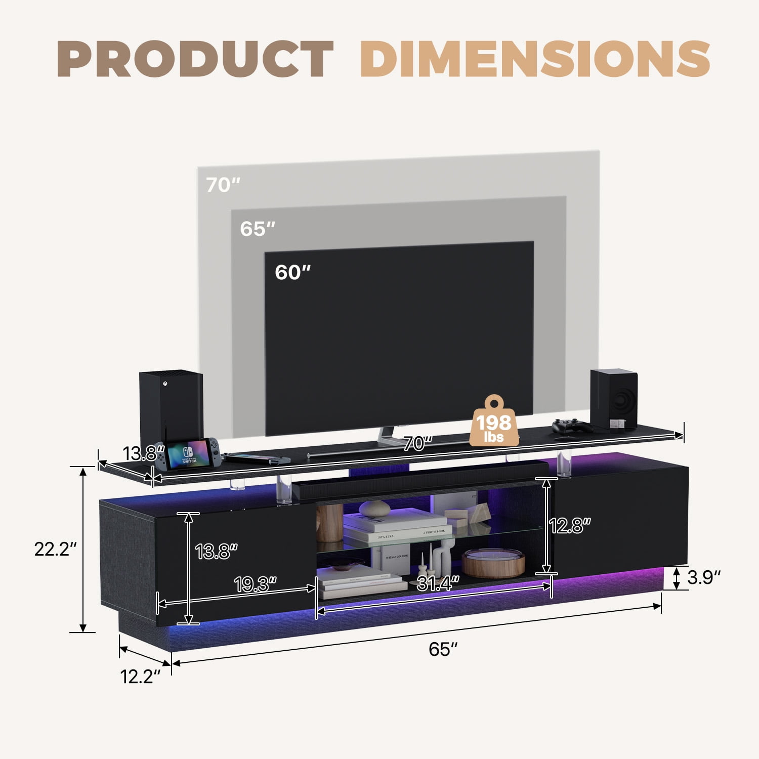 BaPiPro 70" LED Modern TV Stand for 65"-75" TVs, Entertainment Center TV Console with Music Sync LED for Living Room, Black