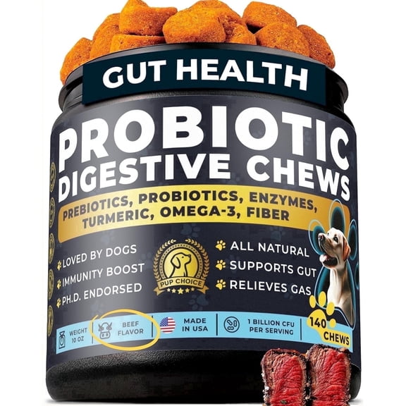 Pup Choice Probiotics for Dogs with Digestive Enzymes, Prebiotics, Fiber & Omega-3 – Gut Health & Digestion Support, Beef Flavor Soft Chews, 140 Count