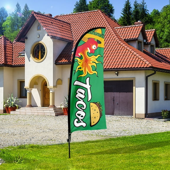 QSUM Mexican Tacos Themed Feather Flag, 7FT Mexican Food Advertising Swooper Flag, Vivid Color and Fade Proof Mexican Food Business Signs