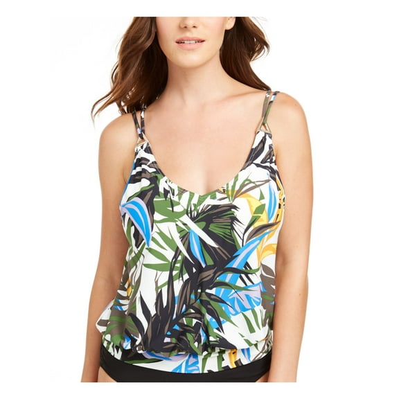 CALVIN KLEIN Women's Green Palm Print Stretch Removable Cups Deep V Neck Blouson Tankini Swimsuit Top M