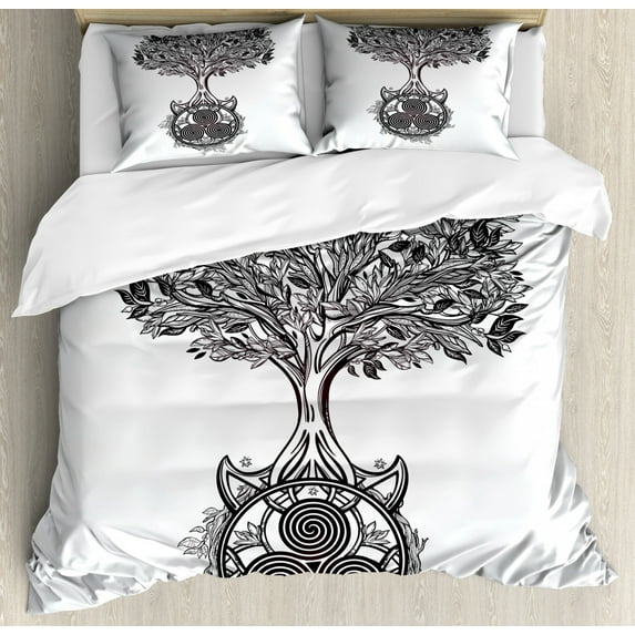 Celtic Queen Size Duvet Cover Set, Hand-Drawn Tree of Life and Triskelion Symbol at Roots for Spirituality in Cult, Decorative 3 Piece Bedding Set with 2 Pillow Shams, Black and White, by Ambesonne
