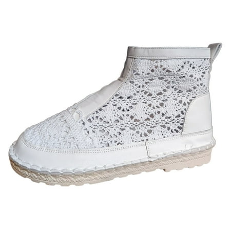 OJSFQUFP Womens Casual Shoes Ladies Summer Solid Colour Sandal Boots Flat Lace Mesh Hollow Out Breathable Round Head Zipper Casual Shoes Cute Flats for Women White 37