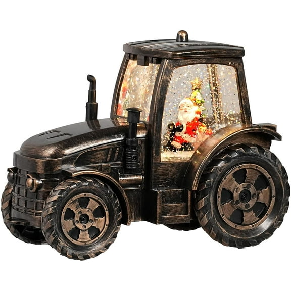Christmas Snow Globe, Green Tractor Santa Snow Globe, 6H Timer, Battery & USB Powered Lighted Musical Lantern, Spinning and Swirling Glitter Christmas Decorations Gifts for Old Man, Father