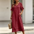 thumbnail image 6 of Ayolanni Women Summer Dresses V Neck Short Sleeve Solid A-Line Maxi Dress Lightweight Daily Flowy Cotton Linen Long Dress with Ruffle Sleeve Red M, 6 of 9