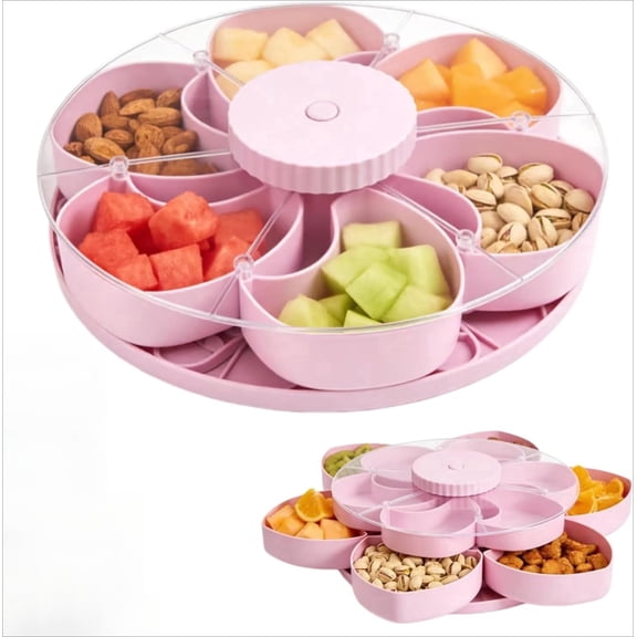 Divided Serving Tray - 5-Compartment Spinning Lazy Susan with Lid for Snacks, Dips, and Appetizers, Pink