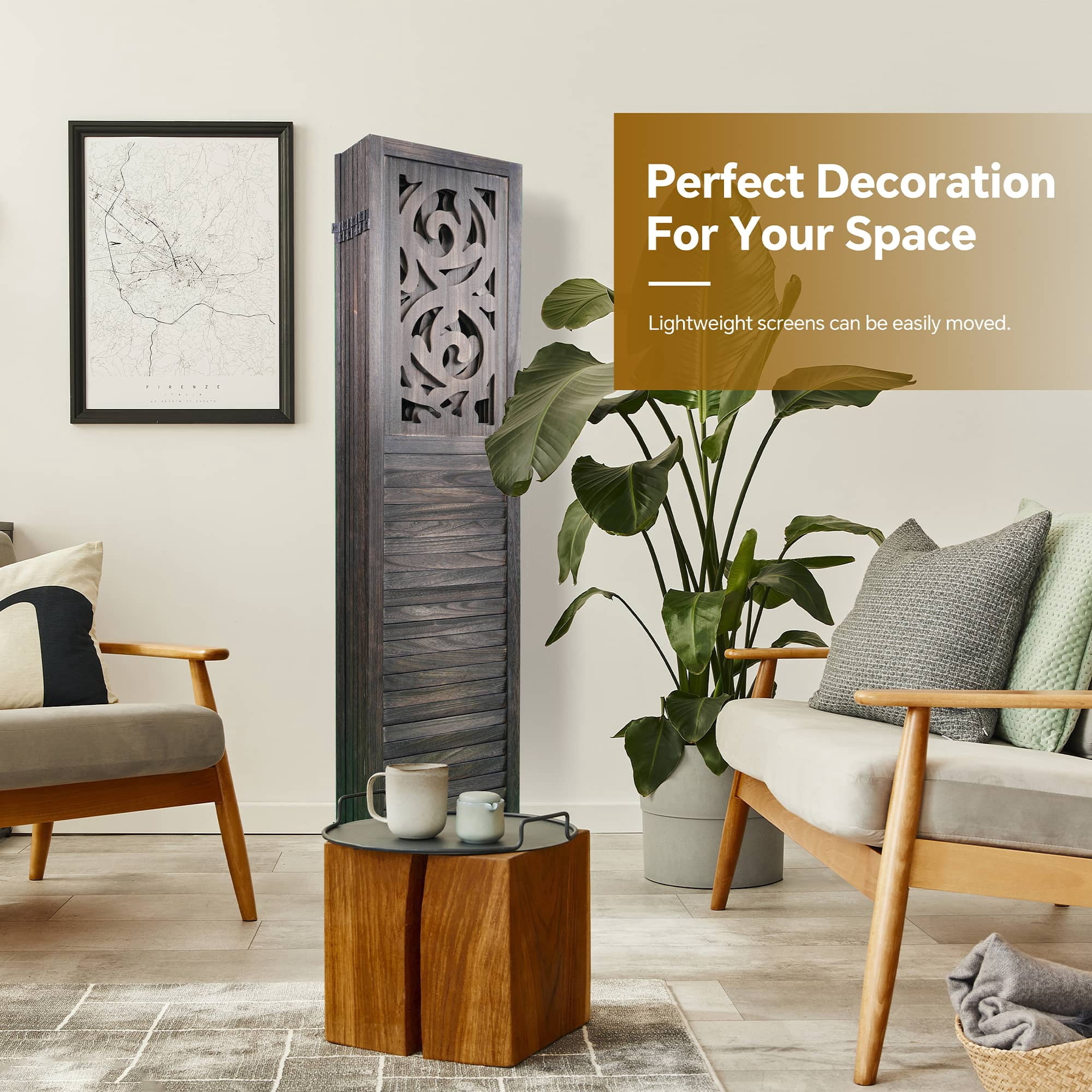 MAYEERTY 8 Panel Freestanding Room Dividers, 6FT Carved Wood Folding Privacy Screens, Rustic Brown