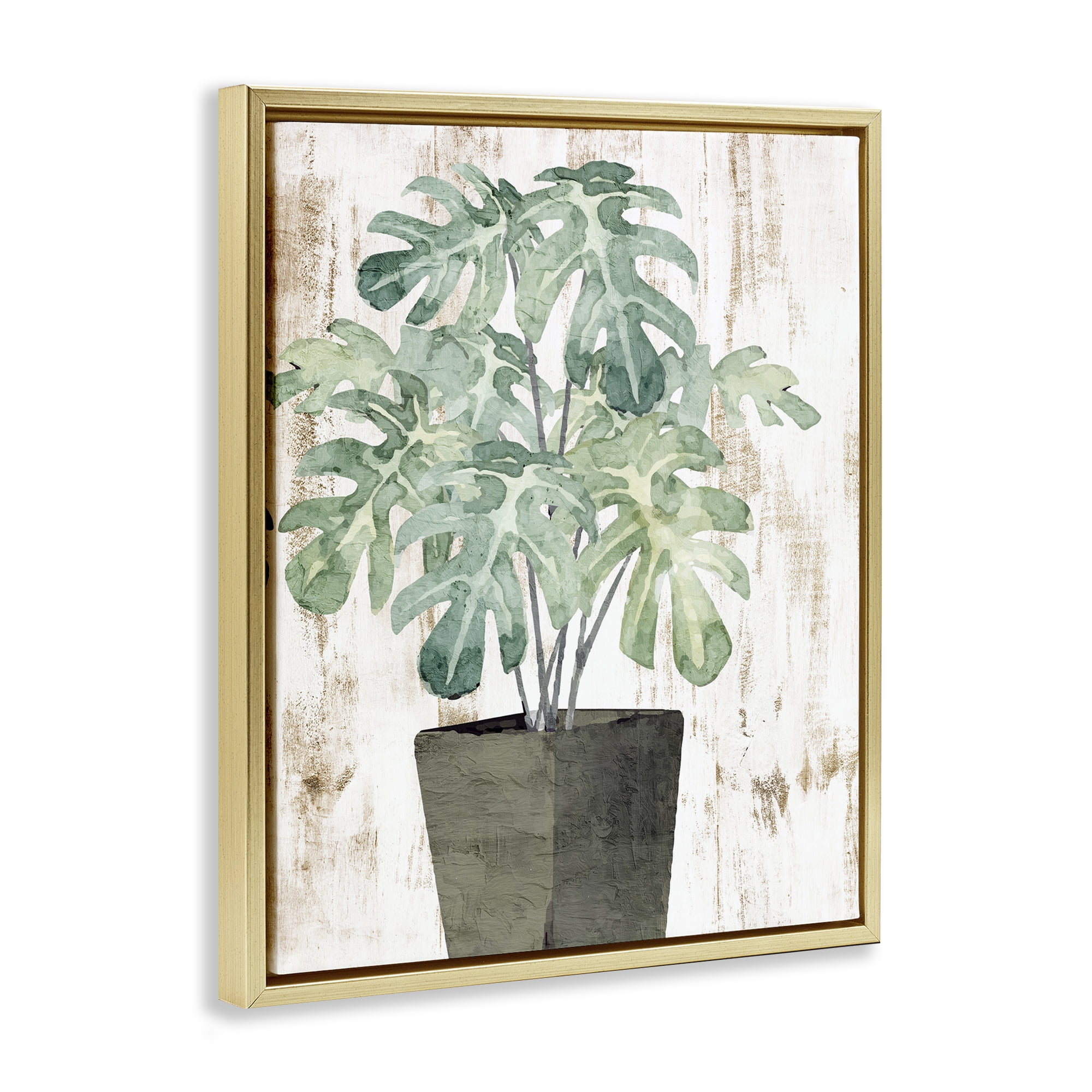 Stupell Industries Flower Pot Greenery Botanical & Floral Painting Gold Floater Framed Art Print Wall Art, 17 x 21