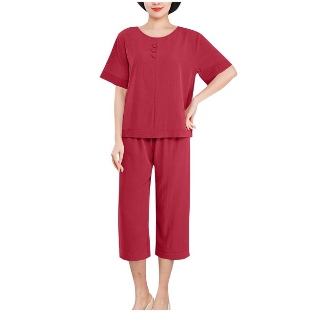 Ohufall Solid Color Classic Womens Pajama Sets Round Neck Button Tee and Capri Pants Sets Loose Womens Pajama Sets