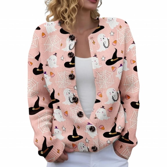 longantii Halloween Sweaters for Women Cute Pumpkin Cardigan Long Sleeve Casual Vintage Ghost Witch Print Cardigan Fall 2026 Outfits for Funny Party Light pink L