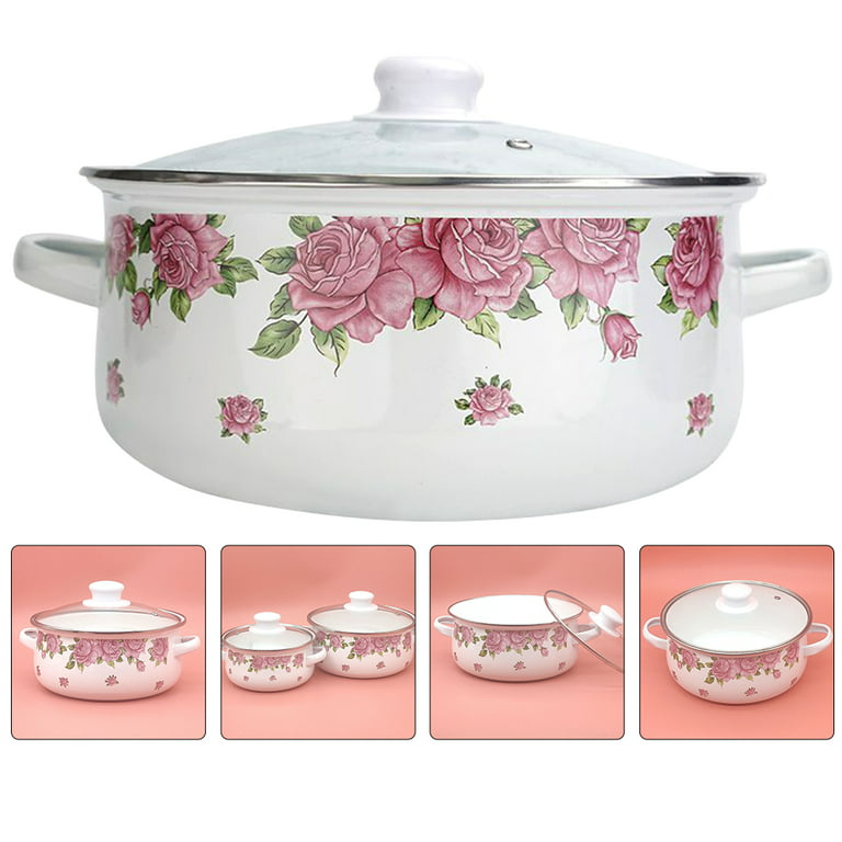 Pot Enamel Stew Kitchen Pots Cooking Soup Bowl Serving Casserole Binaural  Floral Pattern Bottom Flat Home Retro Stockpot 