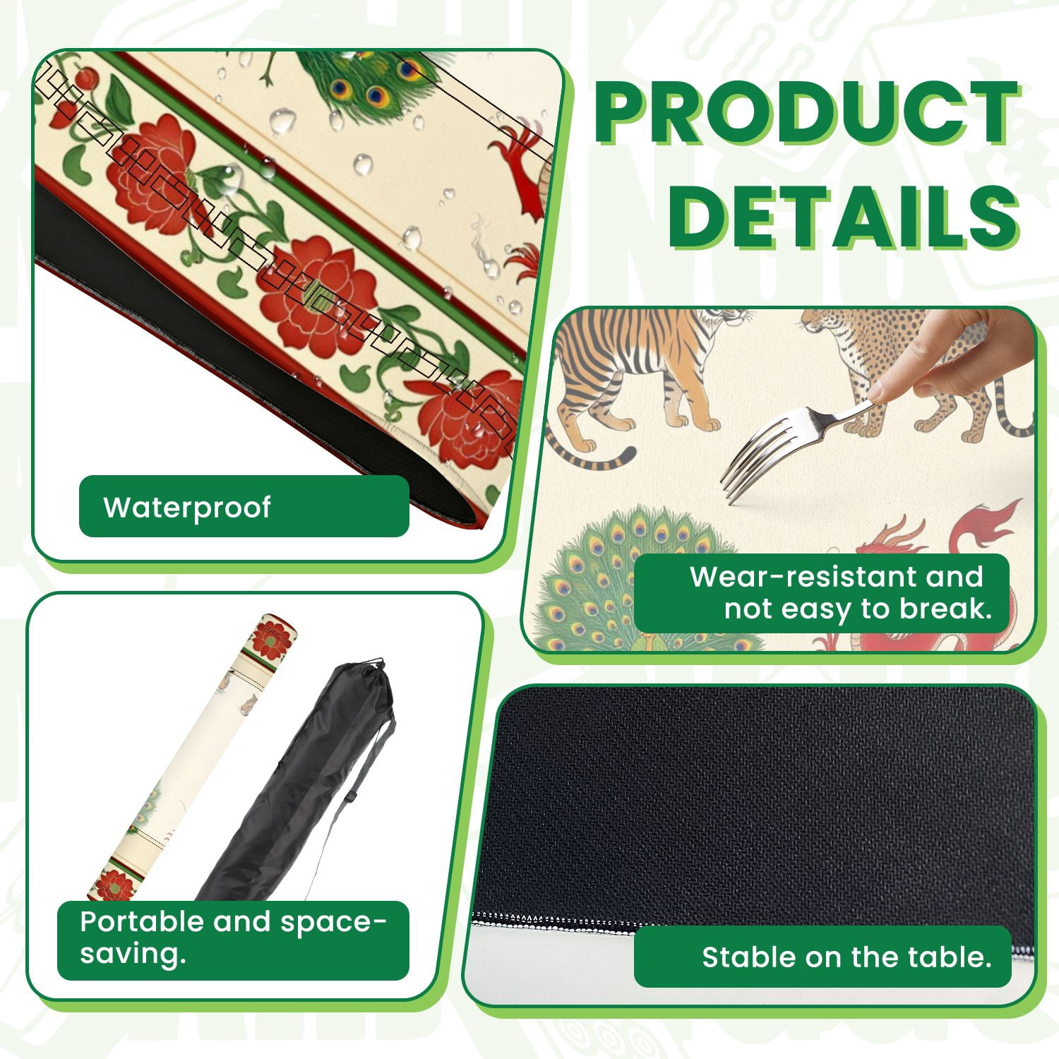 Mahjong Mat 31.5" x 31.5" Tiger Leopard Peacock Red Dragon Floral Border Non-Slip Noise Reduction American Mahjong Tiles Table Cover for Dominoes Poker Card Board Games Gift