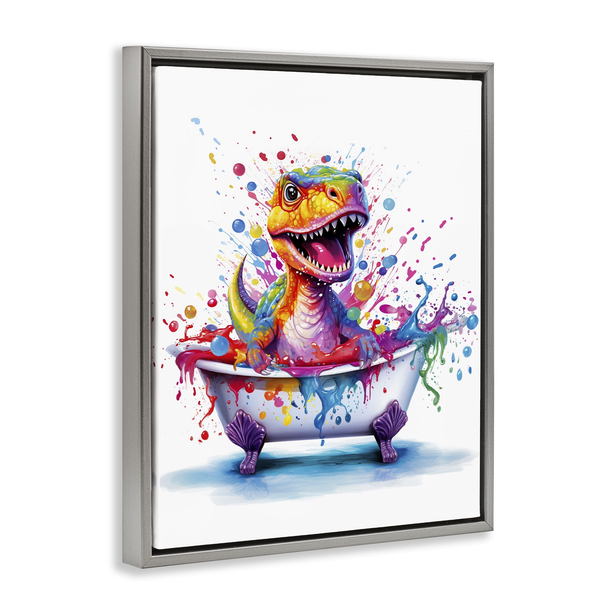 Stupell Industries Modern Splatter Dino Typography Painting Gray Floater Framed Canvas Art Print Wall Art, 17 x 21