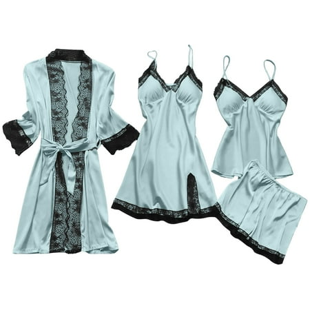 Valentine's Day Big Deal! AIEOTT Camisole Shorts Pajamas Set For Womens, Satin Silk Lace Up Pjs Cami Top and Shorts Sleep Camisole Nightwear Pants 4 Piece Sleep Set On Clearance