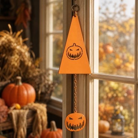 MMJ Halloween Pumpkin Jack O Lantern Iron Wind Chime Orange Metal Hanging Ornament for Outdoor Yard 7.9x3.7in