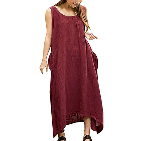 Women Sleeveless Pocket Irregular Cotton Line Long Maxi Dress | Walmart ...