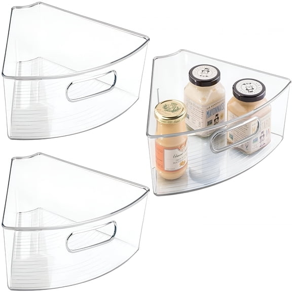 ACDANC Kitchen Cabinet Plastic Lazy Susan Storage Organizer Bins With Front Handle - Large Pie-Shaped 1/6 Wedge - Food Safe,BPA Free - 3 Pack - Clear
