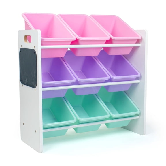 Humble Crew 9 Bin Toy Storage Organizer with Chalkboard, Eraser, and 2pc Chalk, White/Pink/Purple/Turquoise
