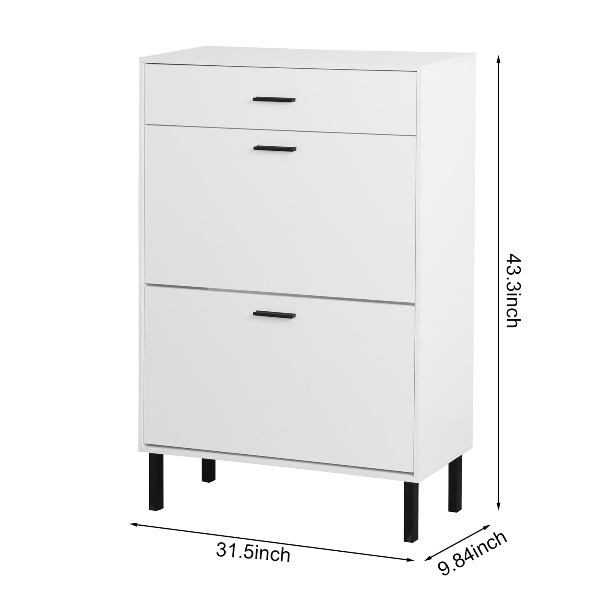 Kadyn 43.30"H Shoe Cabinet, Freestanding Shoe Rack Storage Organizer with Drawers & Metal Legs, White Shoe Storage Cabinet with 2 Flip Drawers for Entryway