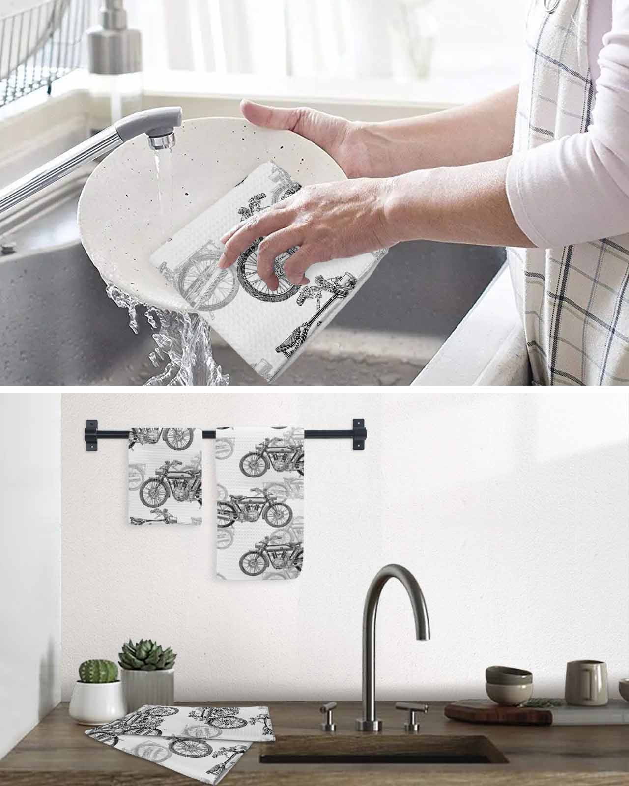Black White Motorcycles Kitchen Dish Towels for Drying Dishes Set of 3, Modern Hand-Painted Vehicles Waffle Weave Microfiber Hand Tea Bathroom Towels Quick Dry & Absorbent Towel 12x12