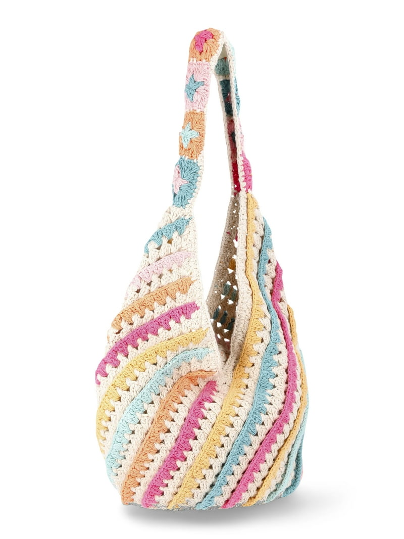 No Boundaries Crochet Hobo Bag for Women, Natural Stripe, Festival
