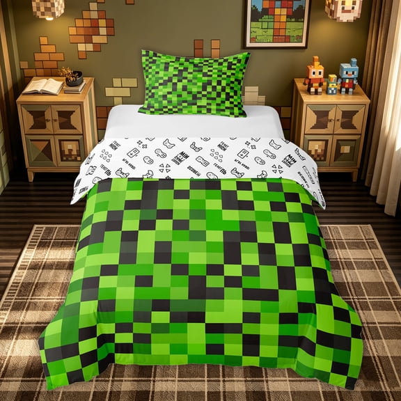meiyoeat Green Black Pixel Twin Duvet Cover for Kids Boys, Block Grid Twin Bedding for Bedroom, Gamepad Reversible, 2 Pieces