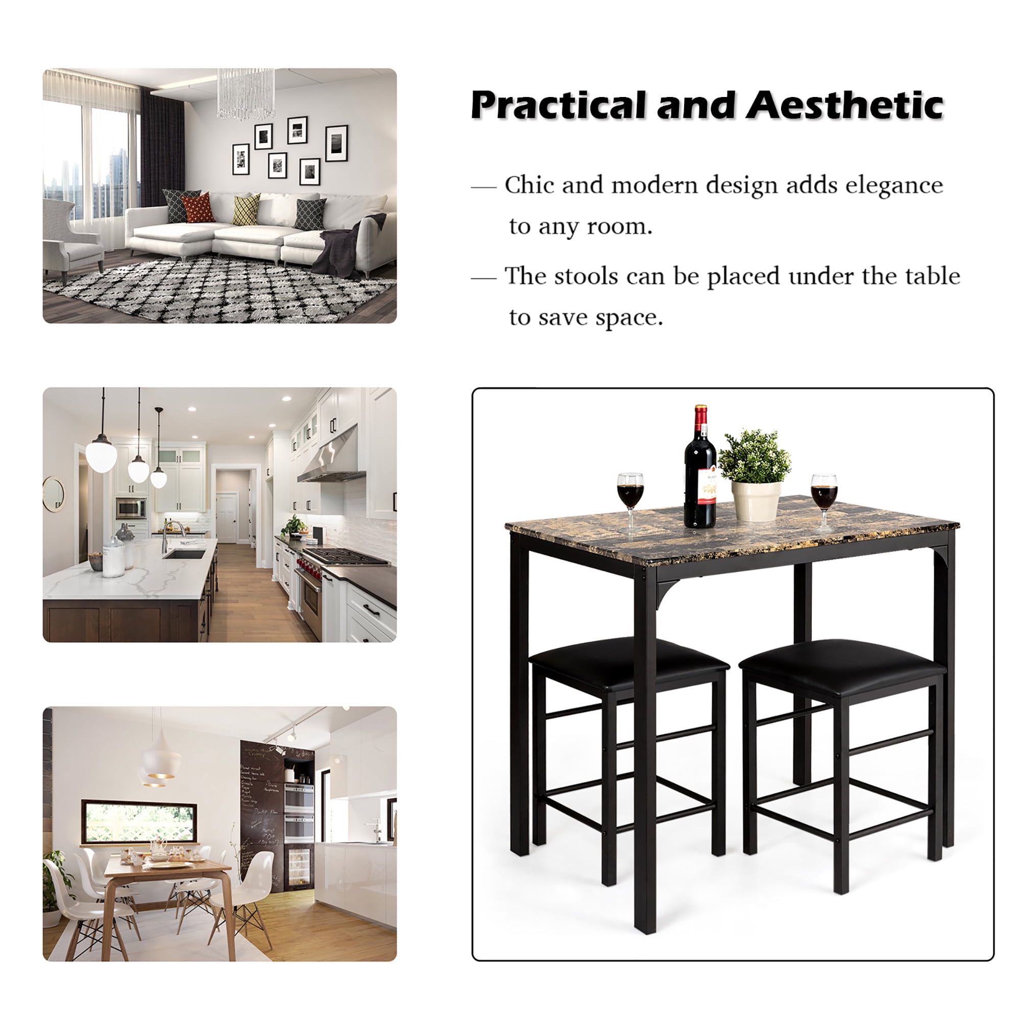 Costway 3 PCS Counter Height Dining Set Faux Marble Table 2 Chairs Kitchen Bar Brown