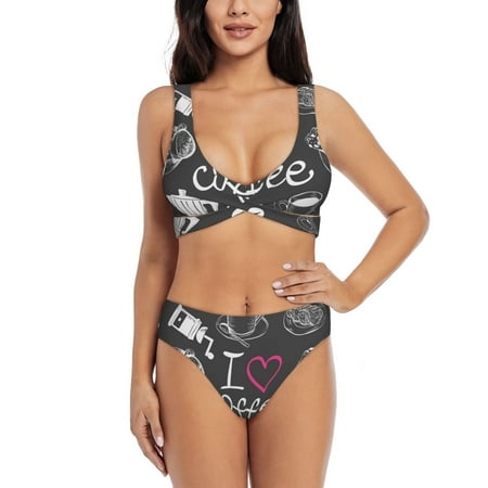Kdxio I Love Coffee Print Women s 2 Piece High Waisted Wrap Spaghetti Strap Summer Swimsuit Bikini Set-X-Large
