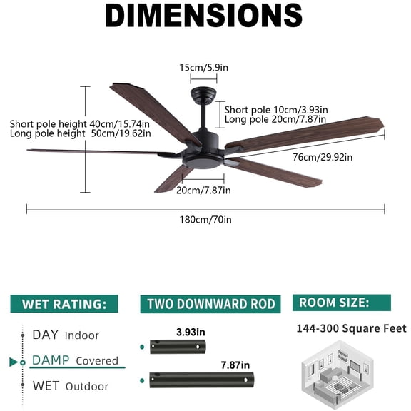 72 Inch Ceiling Fan, 6 Gears Modern Ceiling Fan with Remote Control