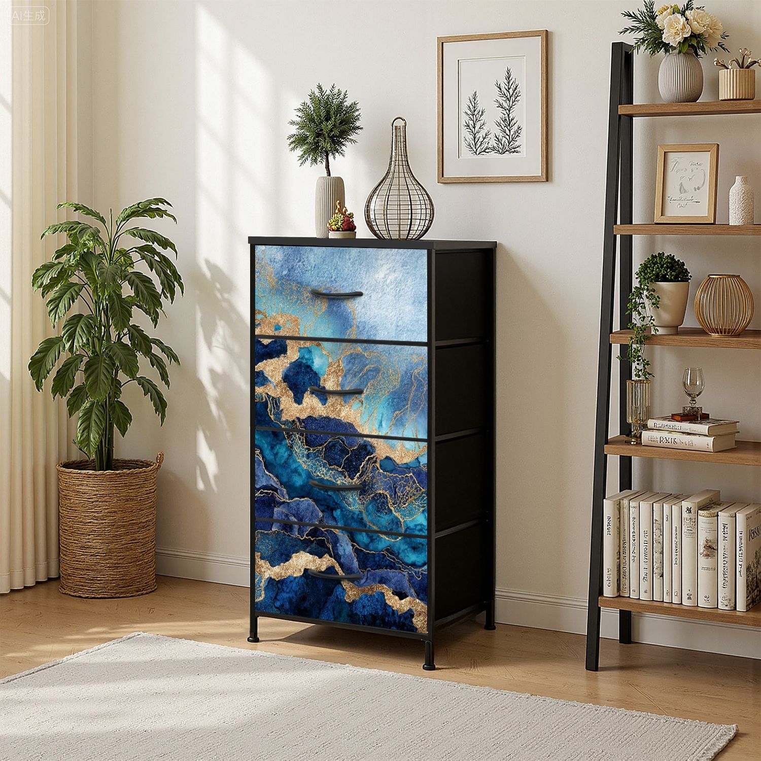 Boho Dresser for Bedroom with 4 Storage Drawers abstract blue marble fake stone texture liquid paint gold foil glitter Dressers Chest of Drawers Steel Framed Fabric Closet Organizers for Entryway