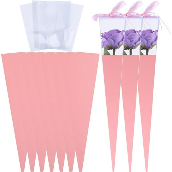 10 Sets Flower Wrapping Sleeve Gift Bags Single Rose Bouquet Cone Bag Paper DIY Flower Holder Packaging Bags for Valentines Day Wedding Birthday Gifts Anniversary Party Light Salmon