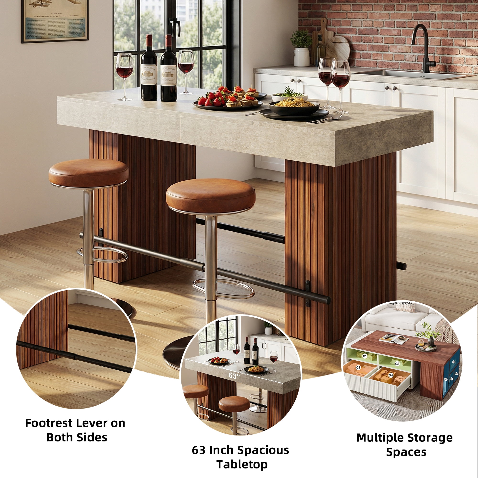 MAYEERTY 62.2 Inch Industrial Bar Table, Counter Height Pub Dining Table with Rustic Brown Tabletop and Dark Gray Slatted Base for Home Bar Kitchen Island