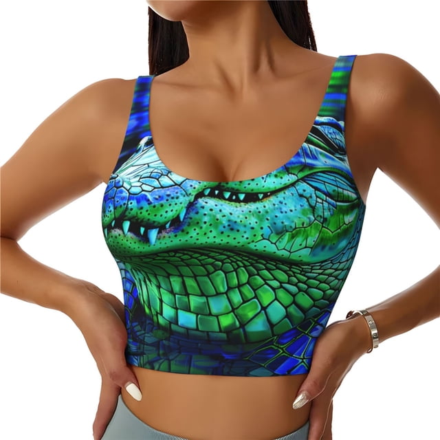 Balery Colorful Stained Glass Crocodile Sujetadores deportivos con espalda cruzada para mujer, acolchados, sin costuras, de alto impacto, ideales para yoga, gimnasio, entrenamiento y fitness.-XX-Large
